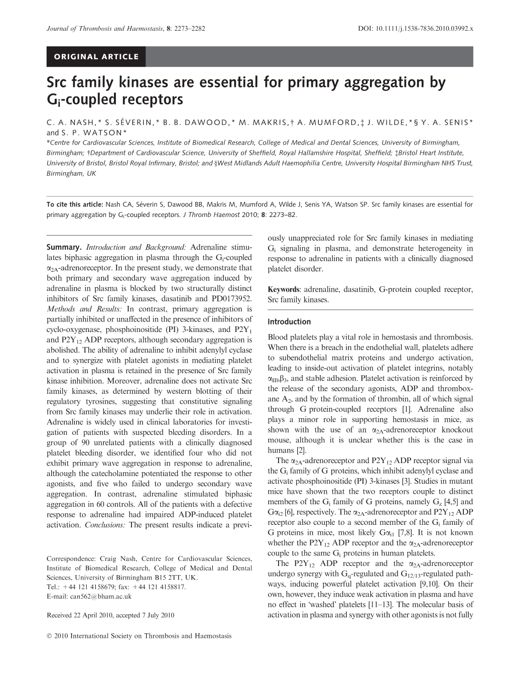 Src Family Kinases Are Essential for Primary Aggregation by Gi-Coupled Receptors
