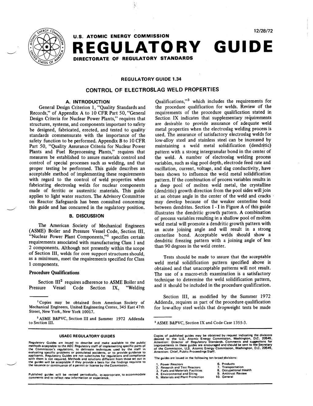 Regulatory Guide 1.34, Control of Electroslag Weld Properties