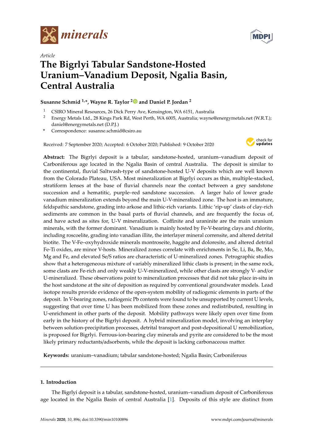 The Bigrlyi Tabular Sandstone-Hosted Uranium–Vanadium Deposit, Ngalia Basin, Central Australia