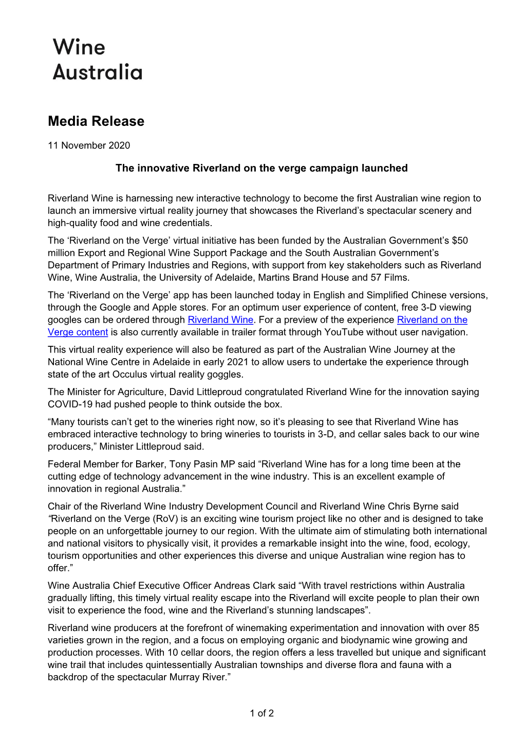 20201104 Draft Riverland on the Verge Media Release