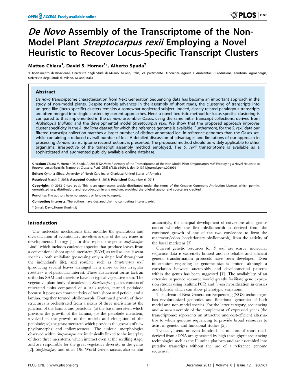 Model Plant Streptocarpus Rexii Employing a Novel Heuristic to Recover Locus-Specific Transcript Clusters