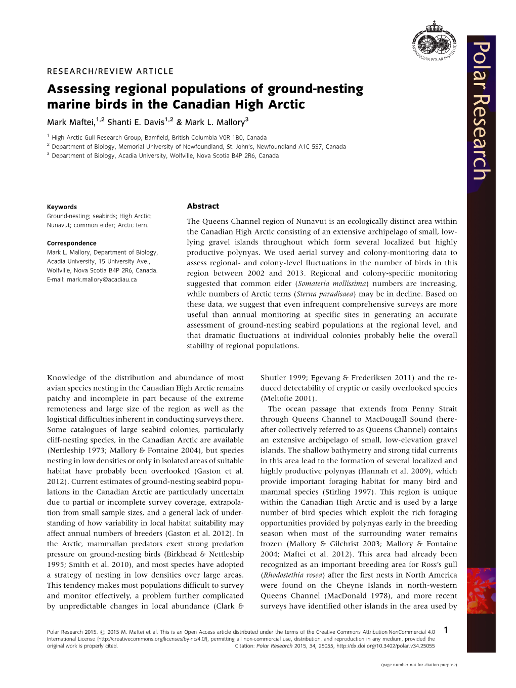 Assessing Regional Populations of Ground-Nesting Marine Birds in the Canadian High Arctic Mark Maftei,1,2 Shanti E