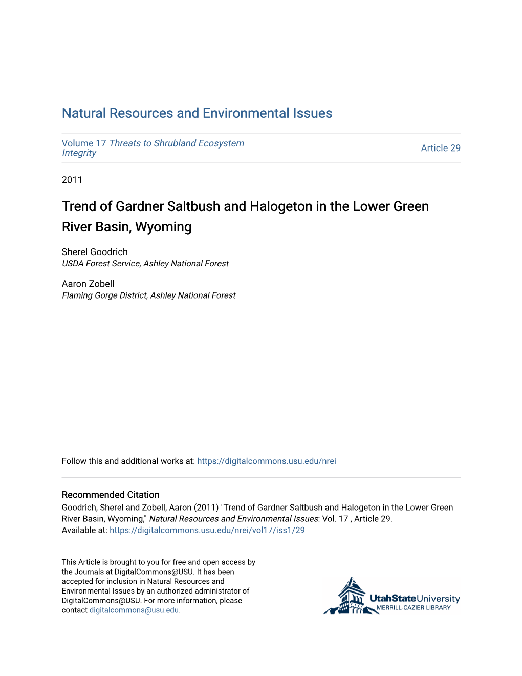 Trend of Gardner Saltbush and Halogeton in the Lower Green River Basin, Wyoming