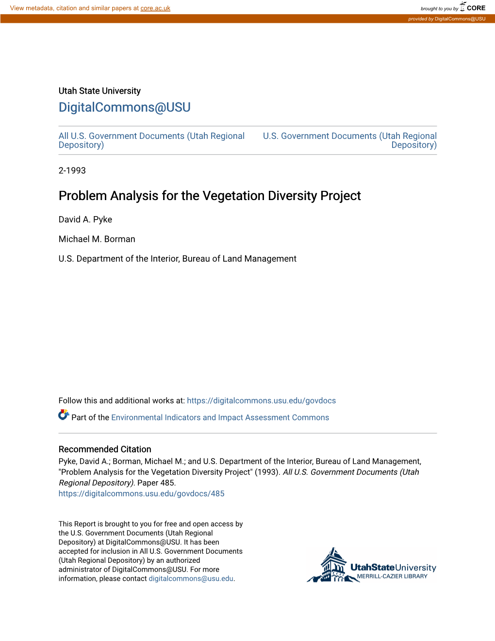 Problem Analysis for the Vegetation Diversity Project