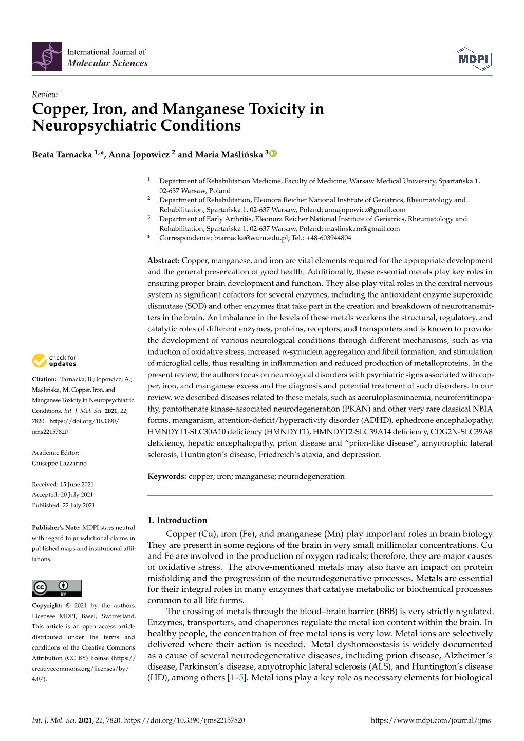 Copper, Iron, and Manganese Toxicity in Neuropsychiatric Conditions