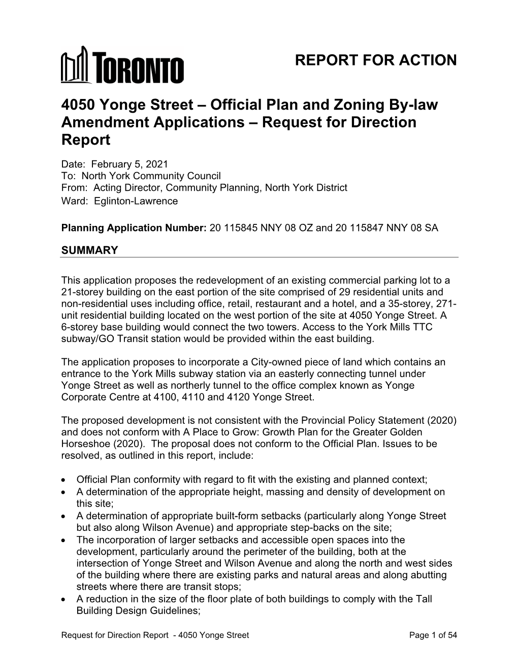 4050 Yonge Street – Official Plan and Zoning By-Law Amendment Applications – Request for Direction Report