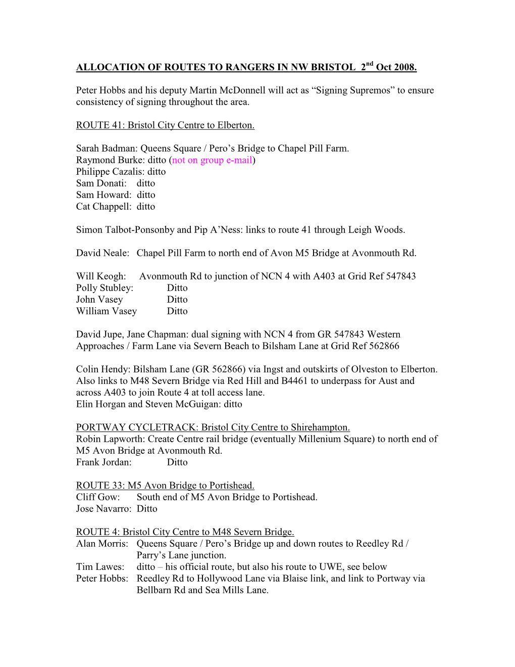 ALLOCATION of ROUTES to RANGERS in NW BRISTOL March