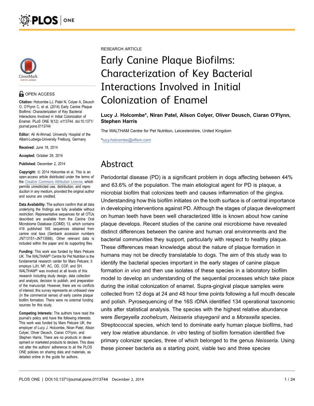 Early Canine Plaque Biofilms: Characterization of Key Bacterial