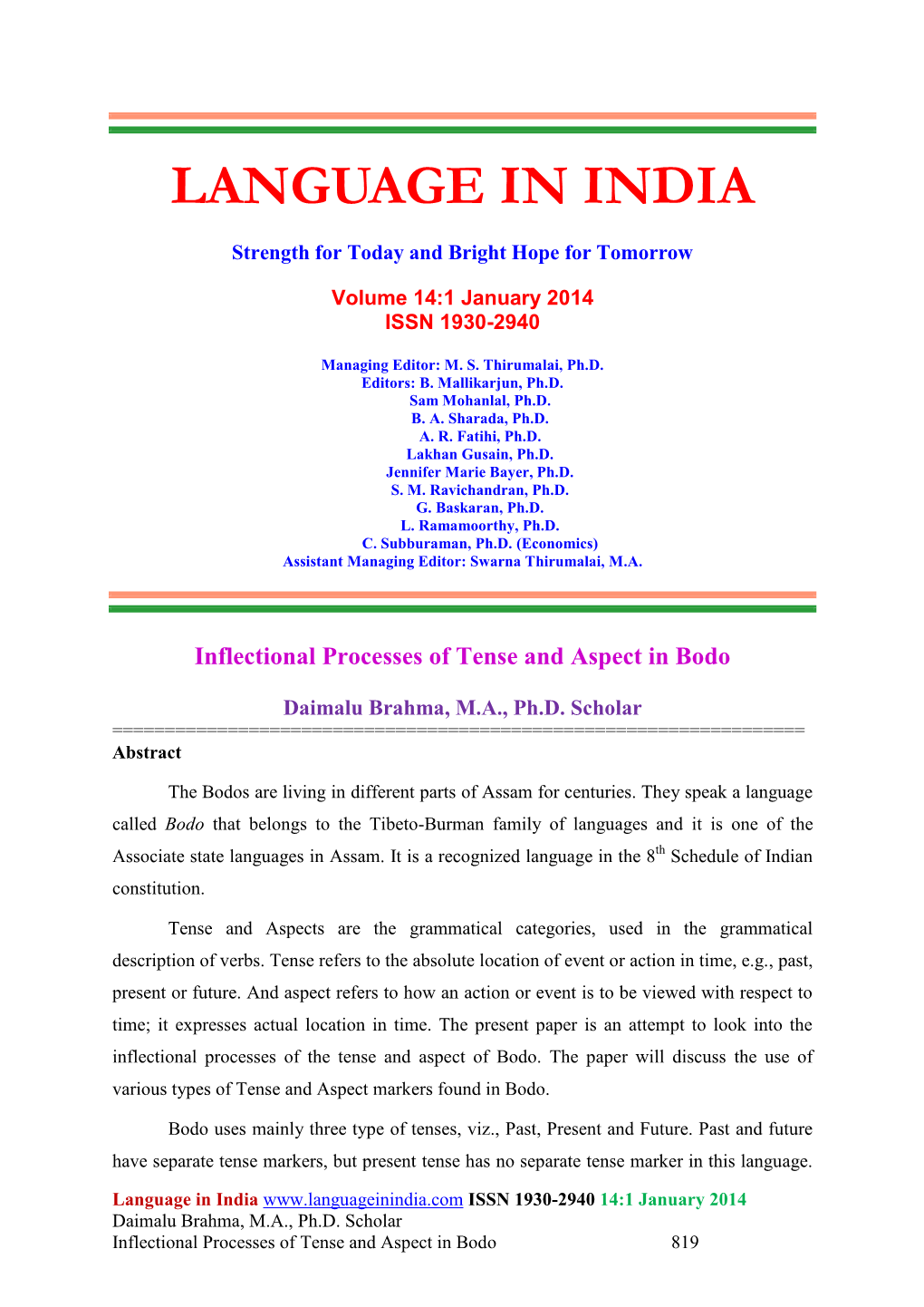Inflectional Processes of Tense and Aspect in Bodo