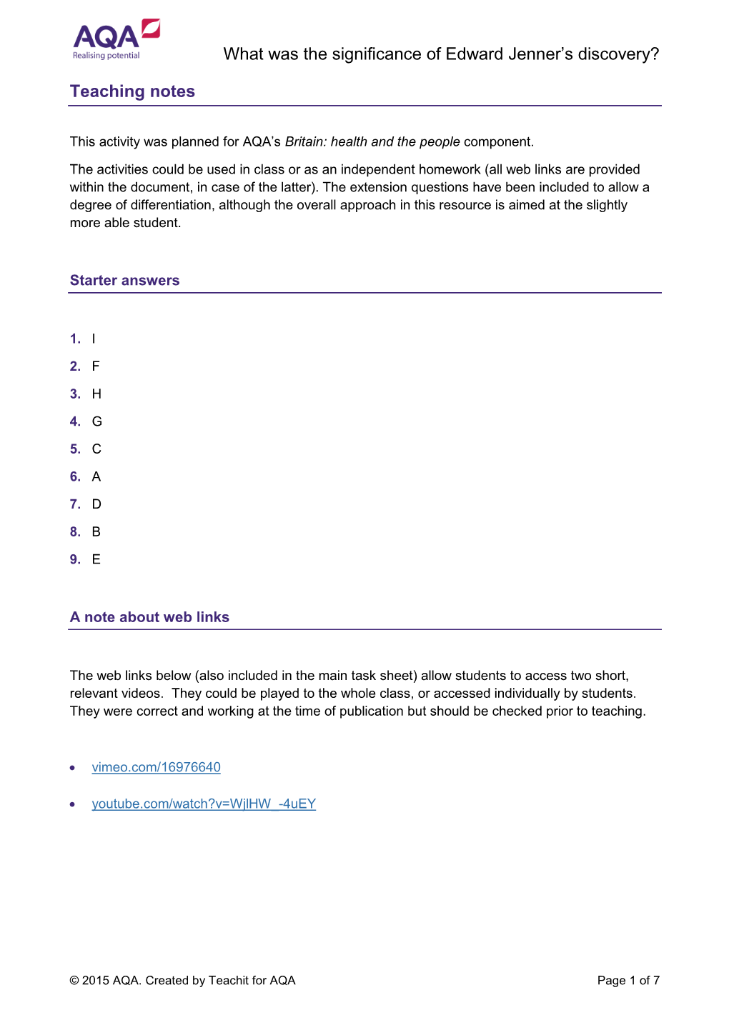 What Was the Significance of Edward Jenner's Discovery? Teaching Notes