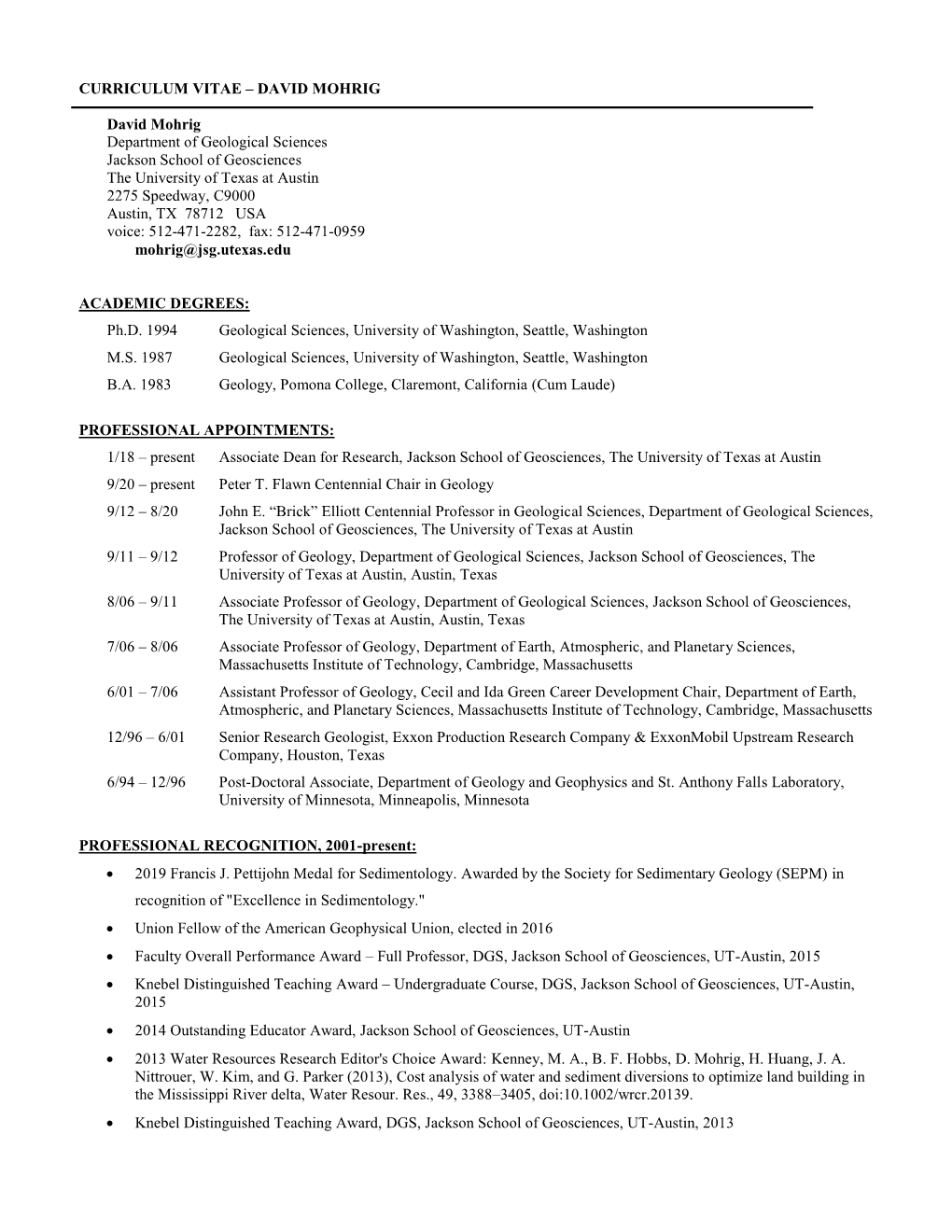 Curriculum Vitae – David Mohrig