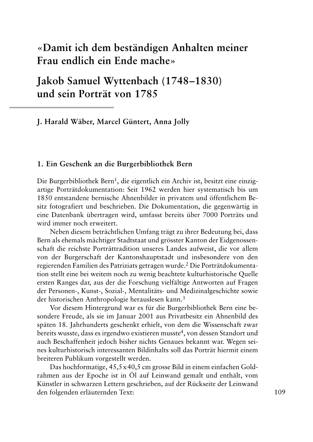 Jakob Samuel Wyttenbach (1748–1830) Und Sein Porträt Von 1785