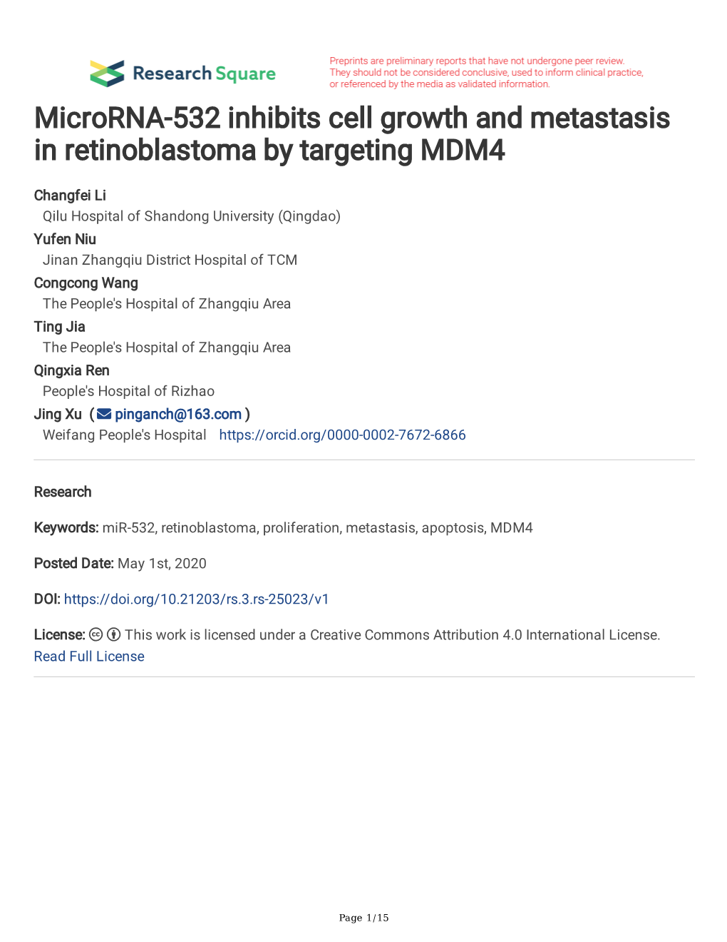Microrna-532 Inhibits Cell Growth and Metastasis in Retinoblastoma by Targeting MDM4