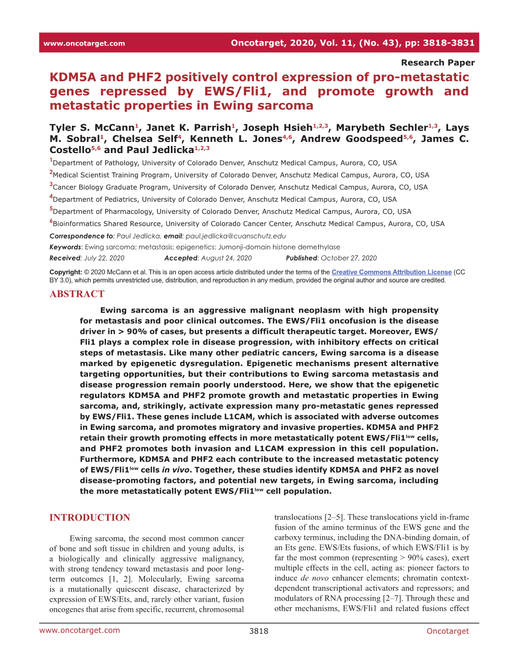 KDM5A and PHF2 Positively Control Expression of Pro-Metastatic Genes Repressed by EWS/Fli1, and Promote Growth and Metastatic Properties in Ewing Sarcoma