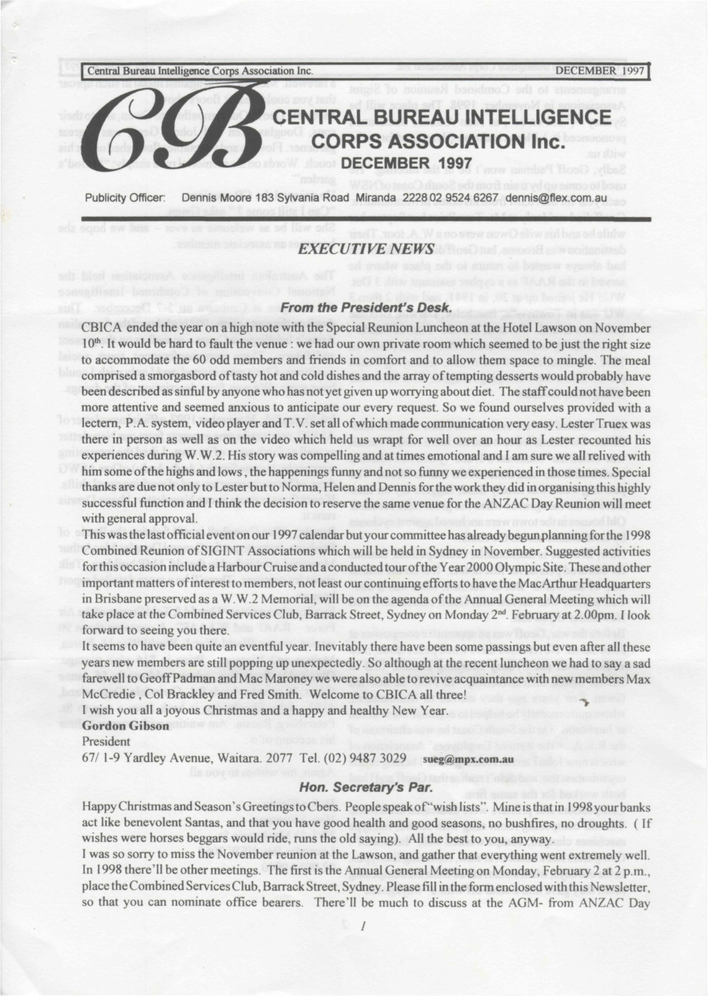 CENTRAL BUREAU INTELLIGENCE CORPS ASSOCIATION Inc. DECEMBER 1997