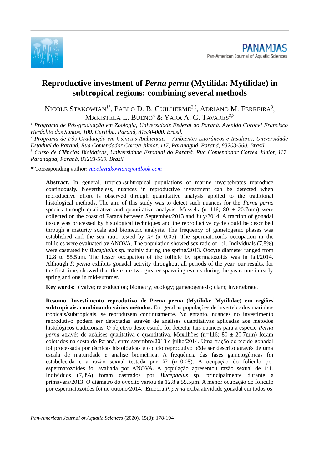 Reproductive Investment of Perna Perna (Mytilida: Mytilidae) in Subtropical Regions: Combining Several Methods