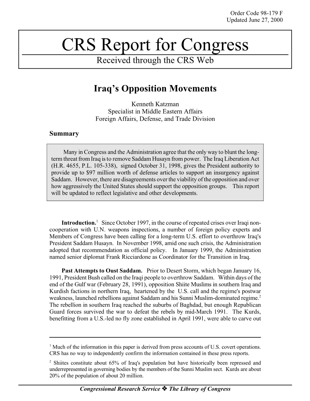 CRS Report for Congress Received Through the CRS Web