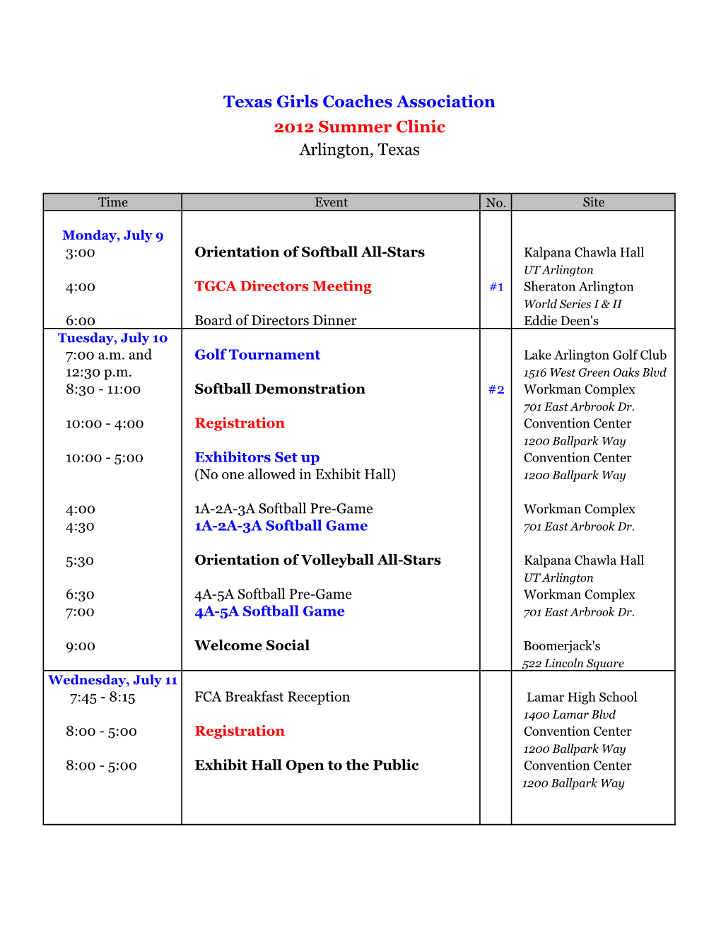 2012 Clinic Schedule