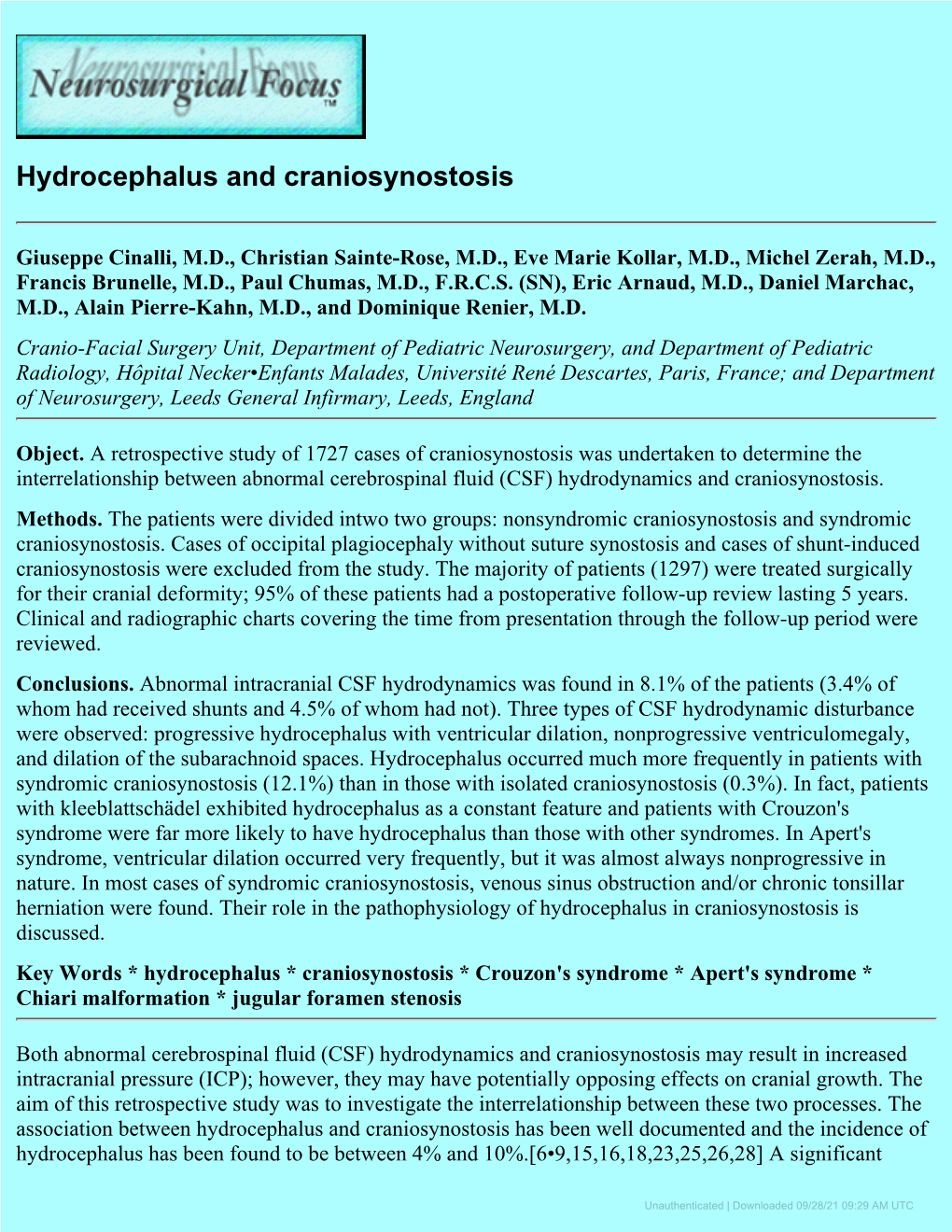 Hydrocephalus and Craniosynostosis