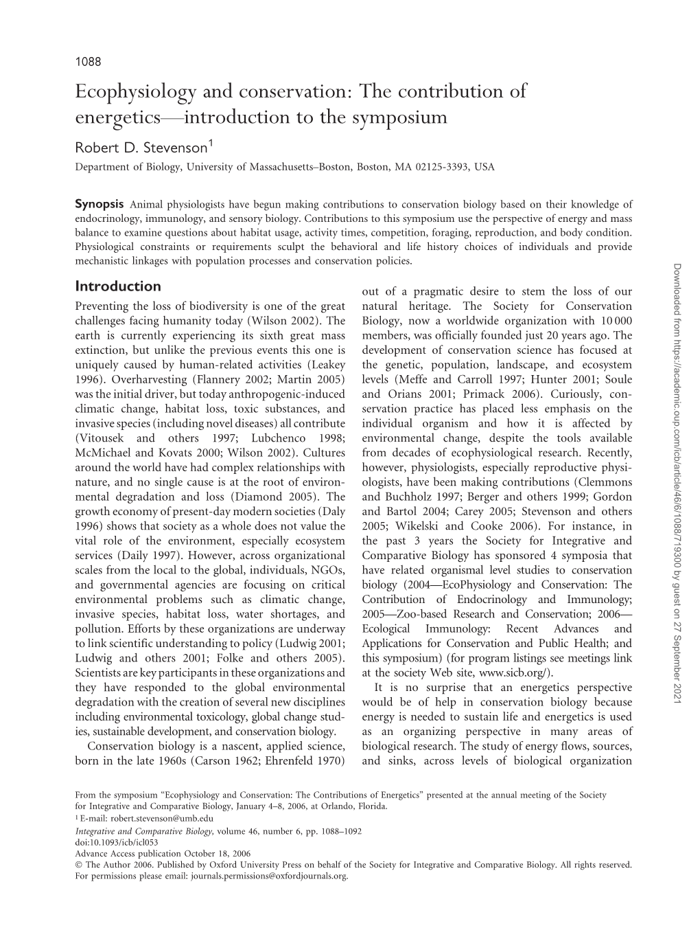 Ecophysiology and Conservation: the Contribution of Energetics—Introduction to the Symposium Robert D