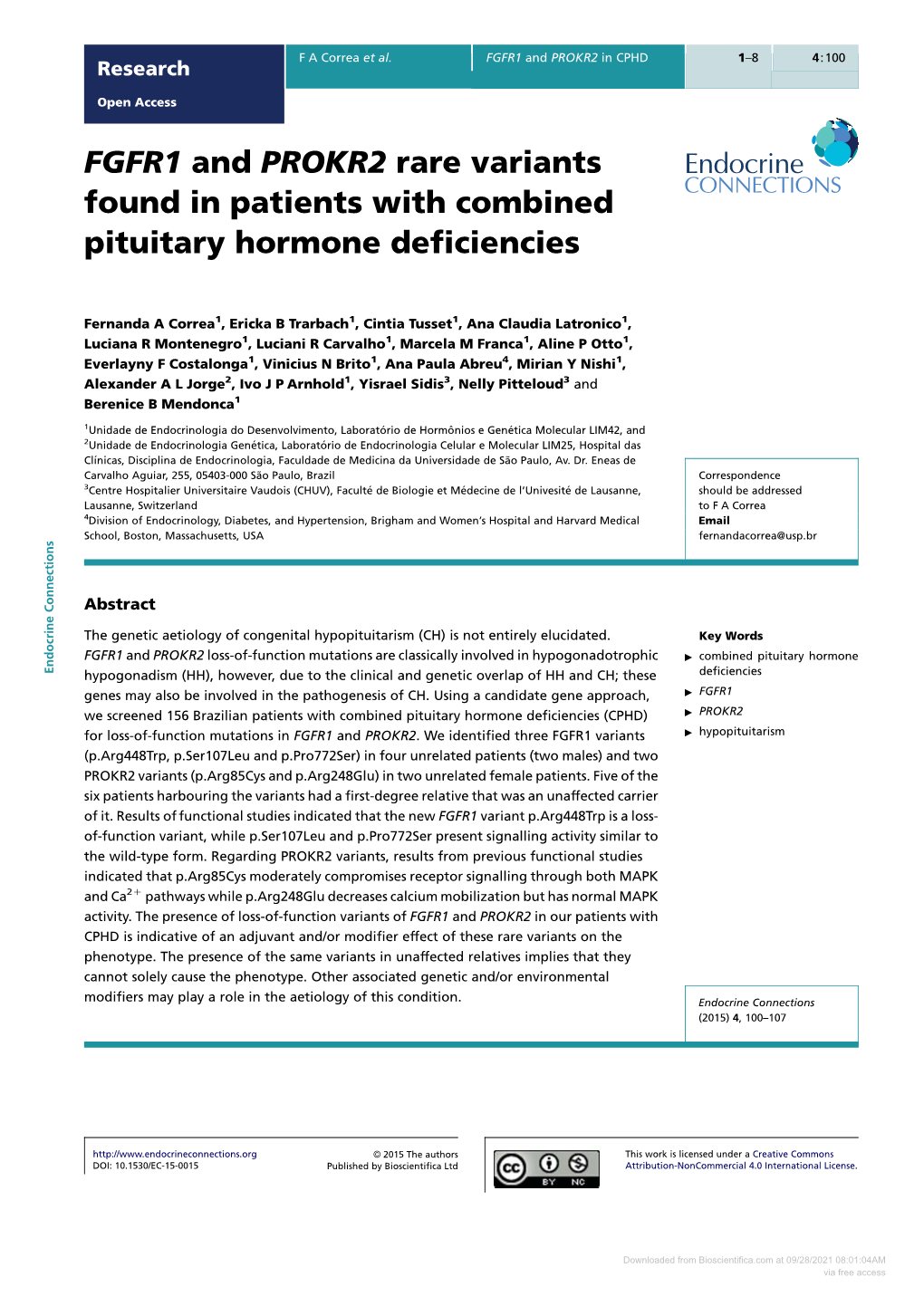 FGFR1 and PROKR2 Rare Variants Found in Patients with Combined Pituitary Hormone Deﬁciencies