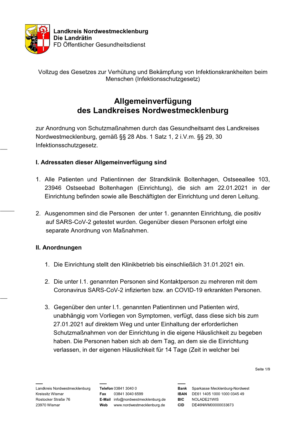 Allgemeinverfügung Des Landkreises Nordwestmecklenburg Zur Anordnung Von Schutzmaßnahmen Durch Das Gesundheitsamt Des Landkreises Nordwestmecklenburg, Gemäß §§ 28 Abs