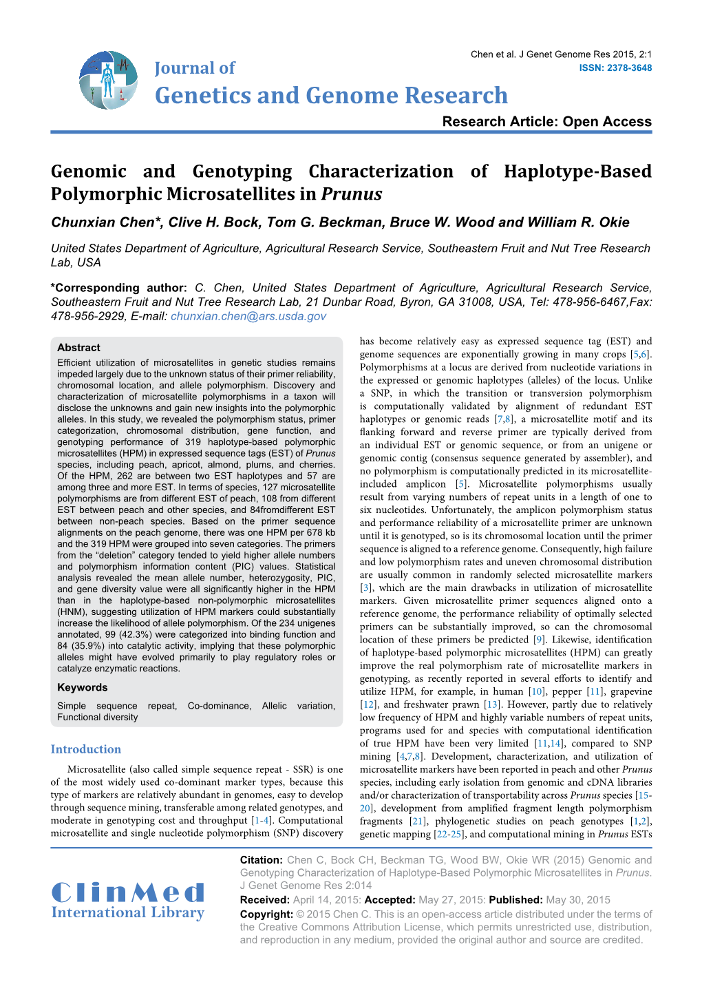 Genomic and Genotyping Characterization of Haplotype-Based Polymorphic Microsatellites in Prunus Chunxian Chen*, Clive H