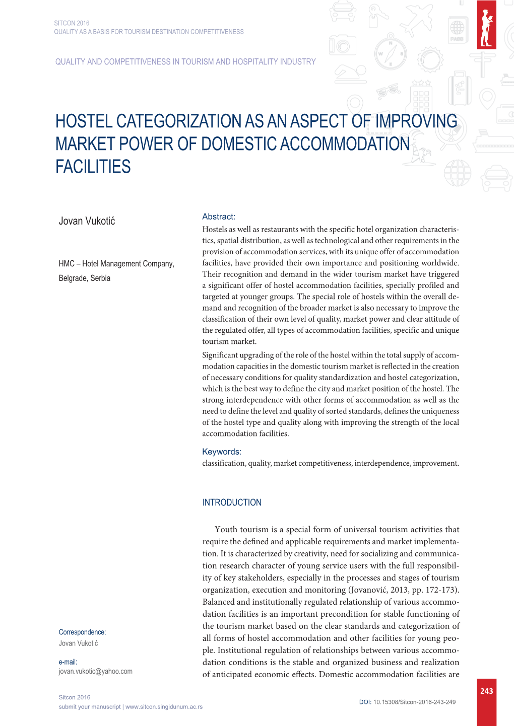 Hostel Categorization As an Aspect of Improving Market Power of Domestic Accommodation Facilities