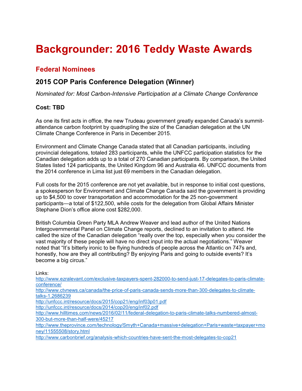 Backgrounder: 2016 Teddy Waste Awards