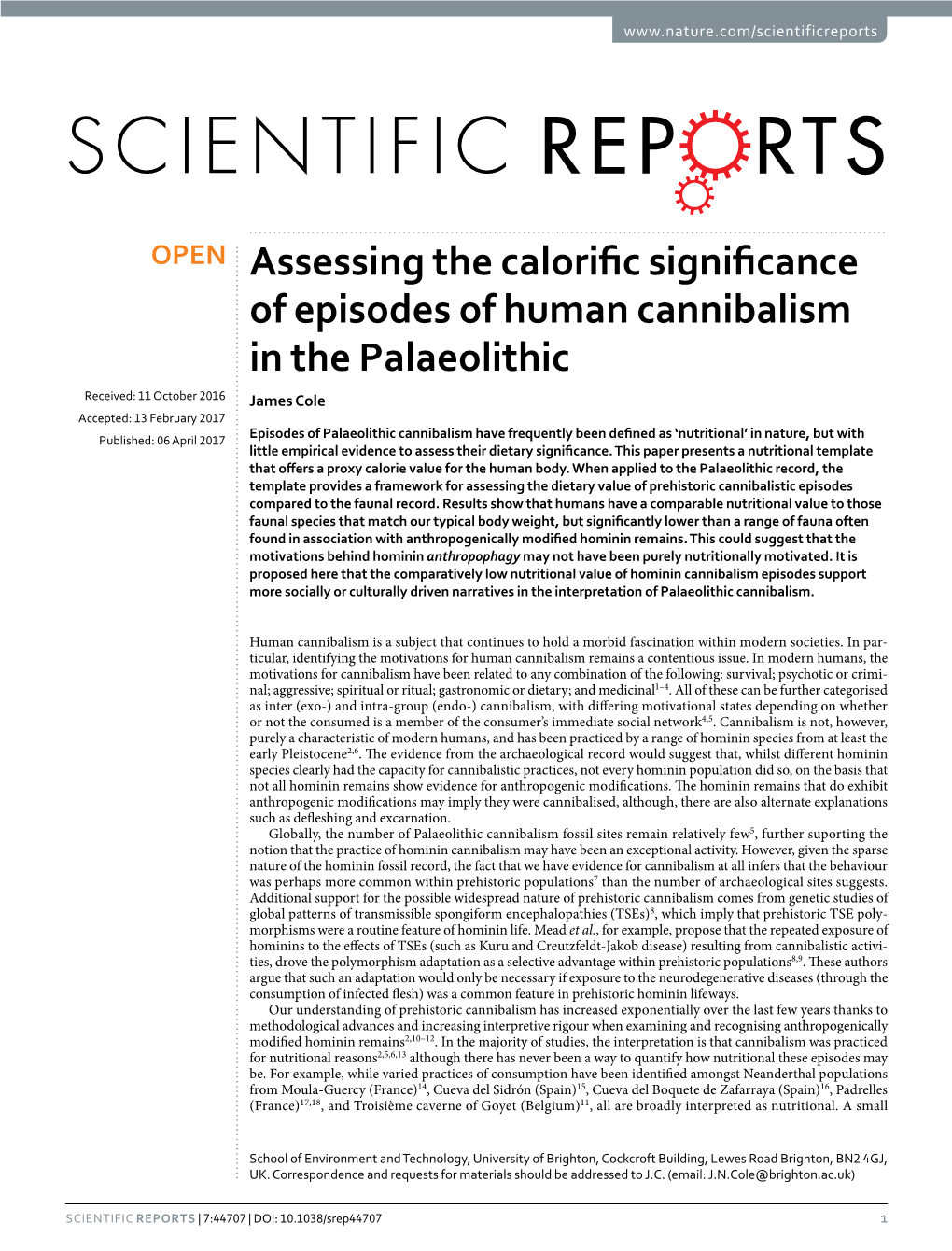 Assessing the Calorific Significance of Episodes of Human Cannibalism In