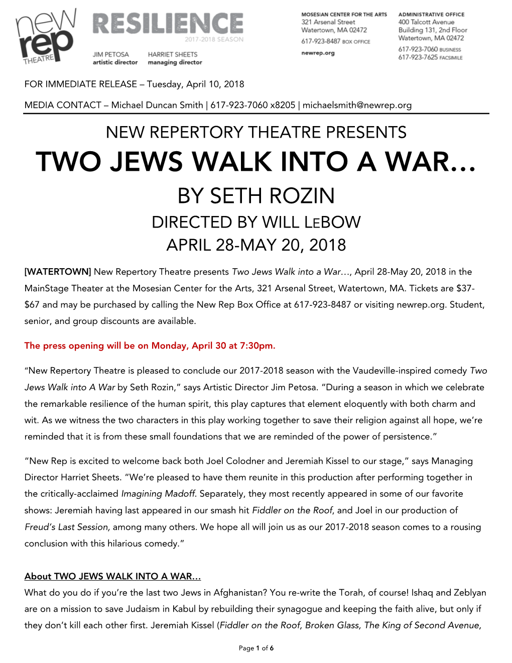 Two Jews Walk Into a War… by Seth Rozin Directed by Will Lebow April 28-May 20, 2018