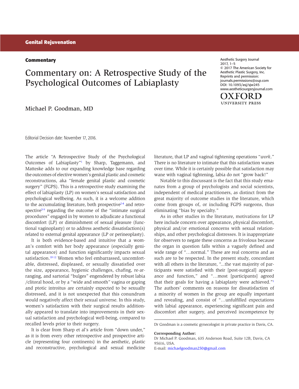 Commentary On: a Retrospective Study of the Psychological