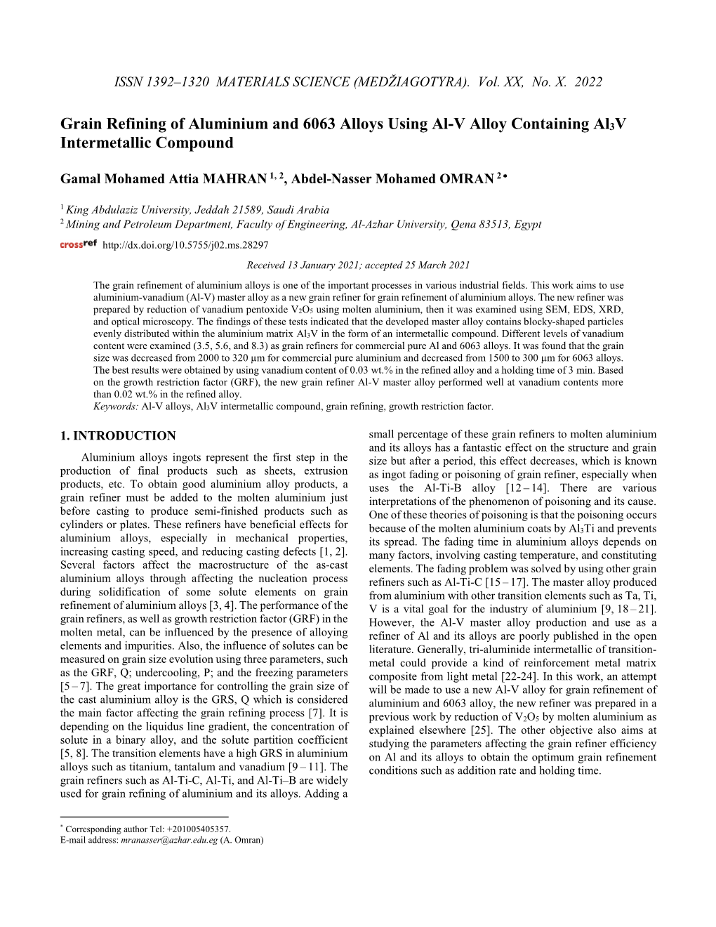 Grain Refining of Aluminium and 6063 Alloys Using Al-V Alloy Containing Al3v Intermetallic Compound