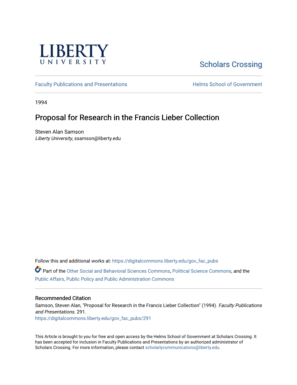 Proposal for Research in the Francis Lieber Collection
