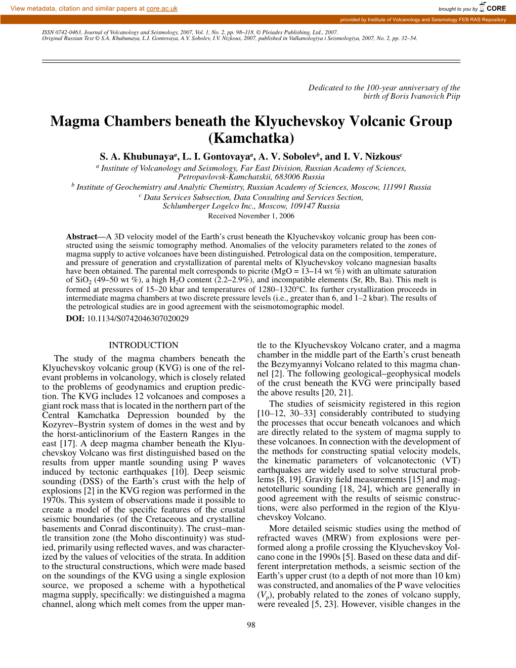 Magma Chambers Beneath the Klyuchevskoy Volcanic Group (Kamchatka) S