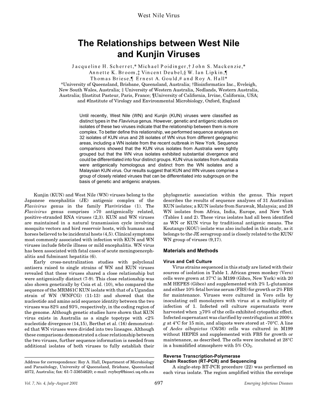 The Relationships Between West Nile and Kunjin Viruses Jacqueline H