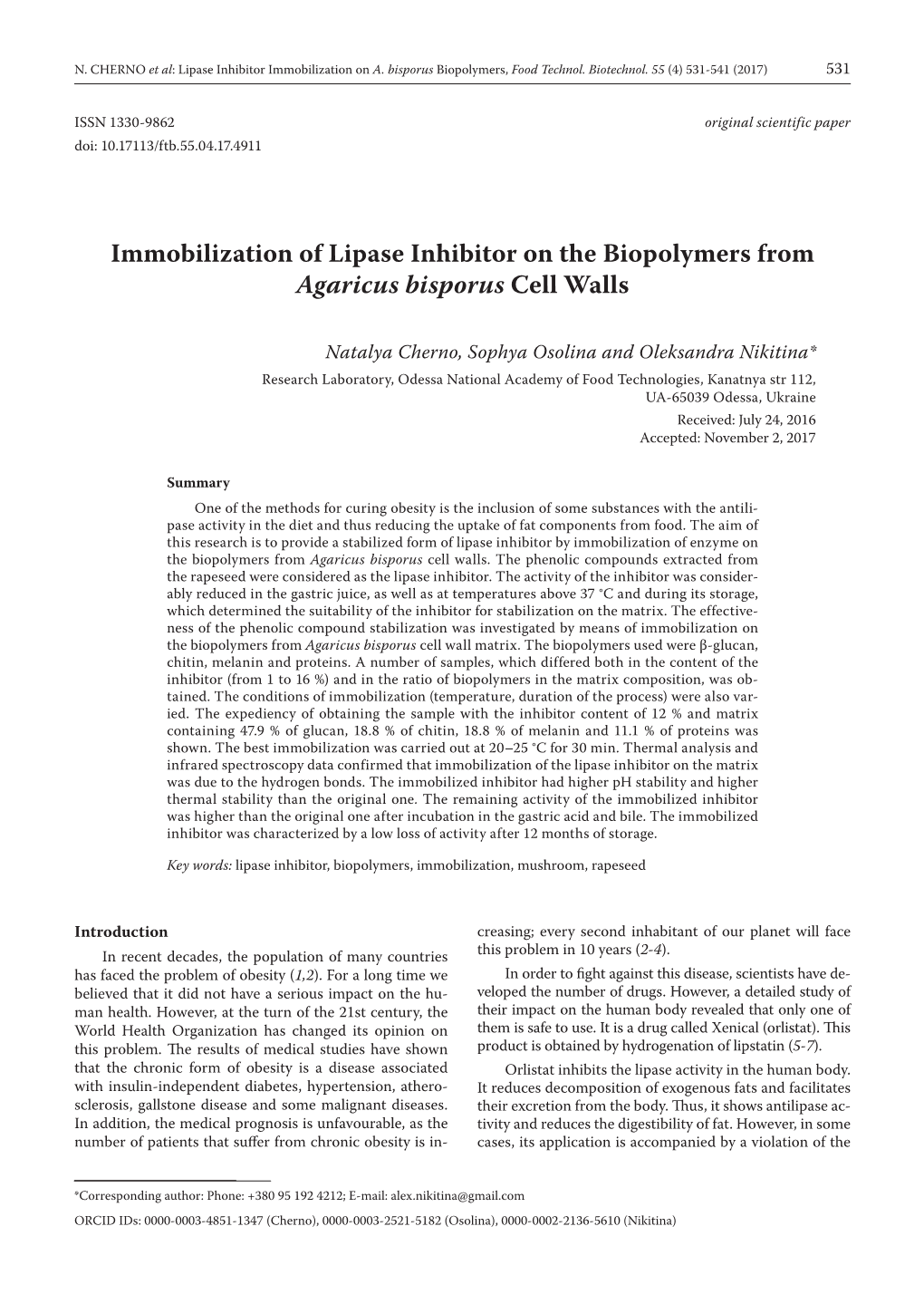 Immobilization of Lipase Inhibitor on the Biopolymers from Agaricus Bisporus Cell Walls