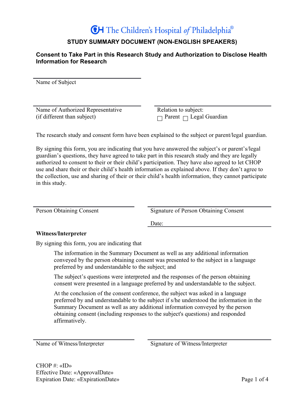 Study Summary Document Signature Blocks