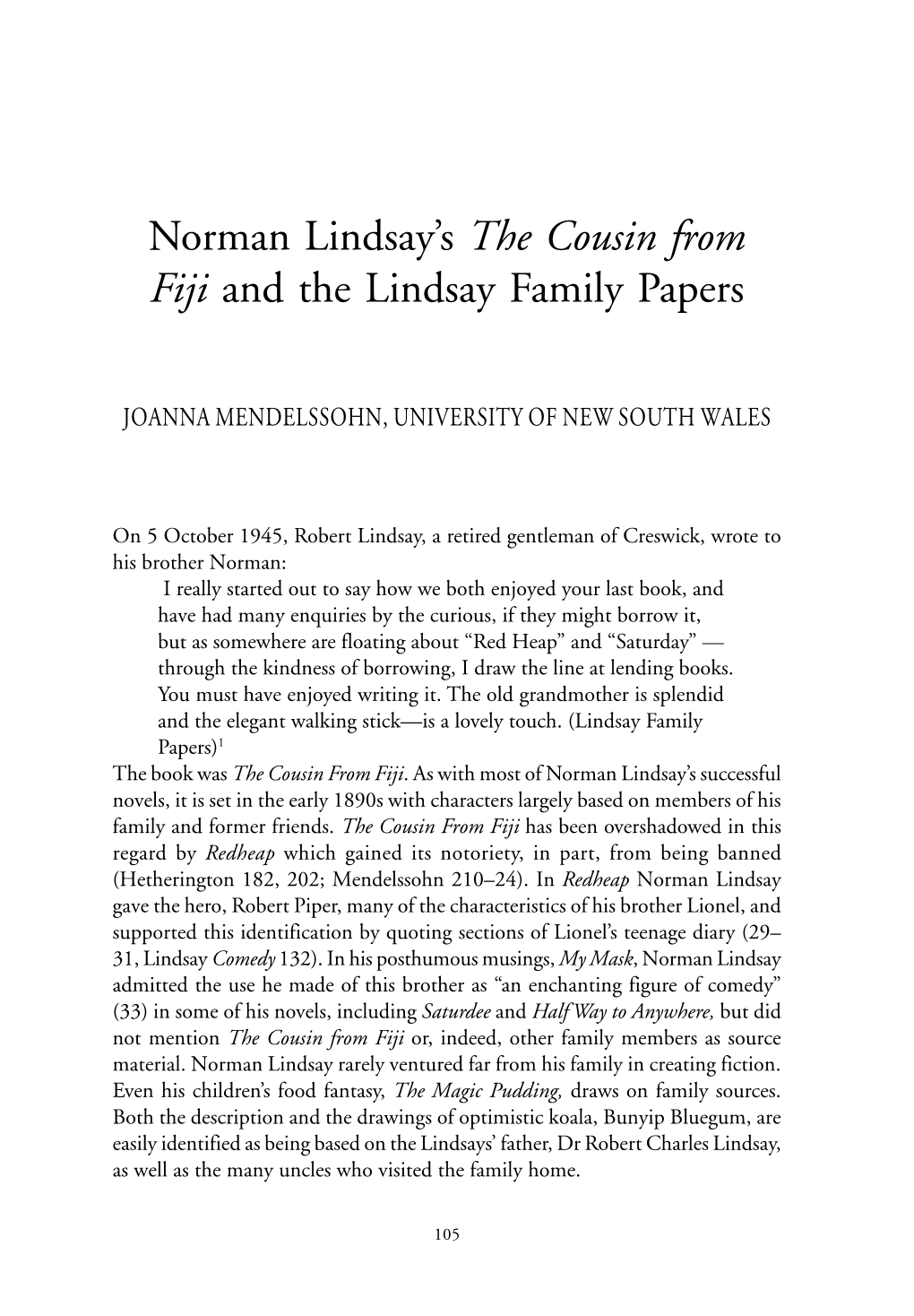 Norman Lindsay's the Cousin from Fiji and the Lindsay Family Papers