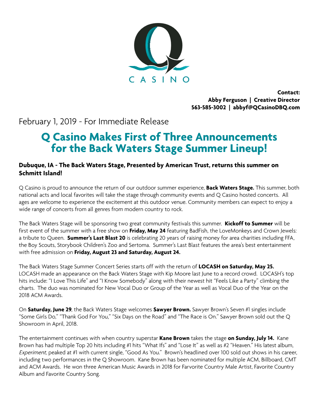 Q Casino Makes First of Three Announcements for the Back Waters Stage Summer Lineup!