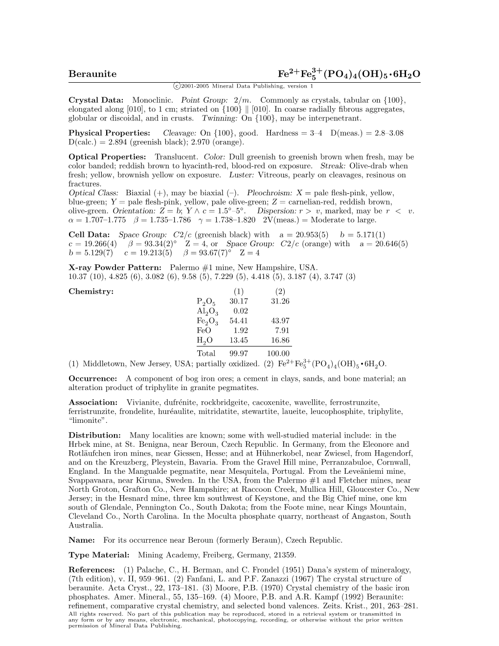 Beraunite Fe Fe5 (PO4)4(OH)5 6H2O C 2001-2005 Mineral Data Publishing, Version 1 Crystal Data: Monoclinic