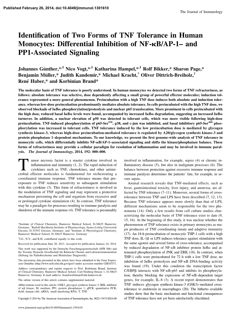 Tolerance in Human Monocytes: Differential Inhibition of NF-Kb/AP-1– and PP1-Associated Signaling