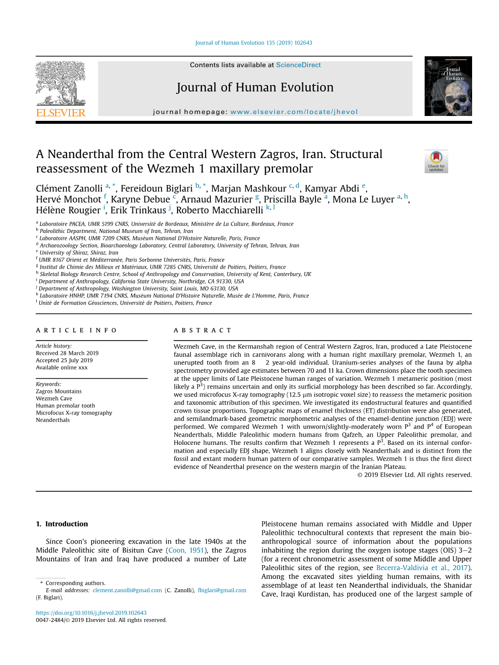 A Neanderthal from the Central Western Zagros, Iran. Structural Reassessment of the Wezmeh 1 Maxillary Premolar