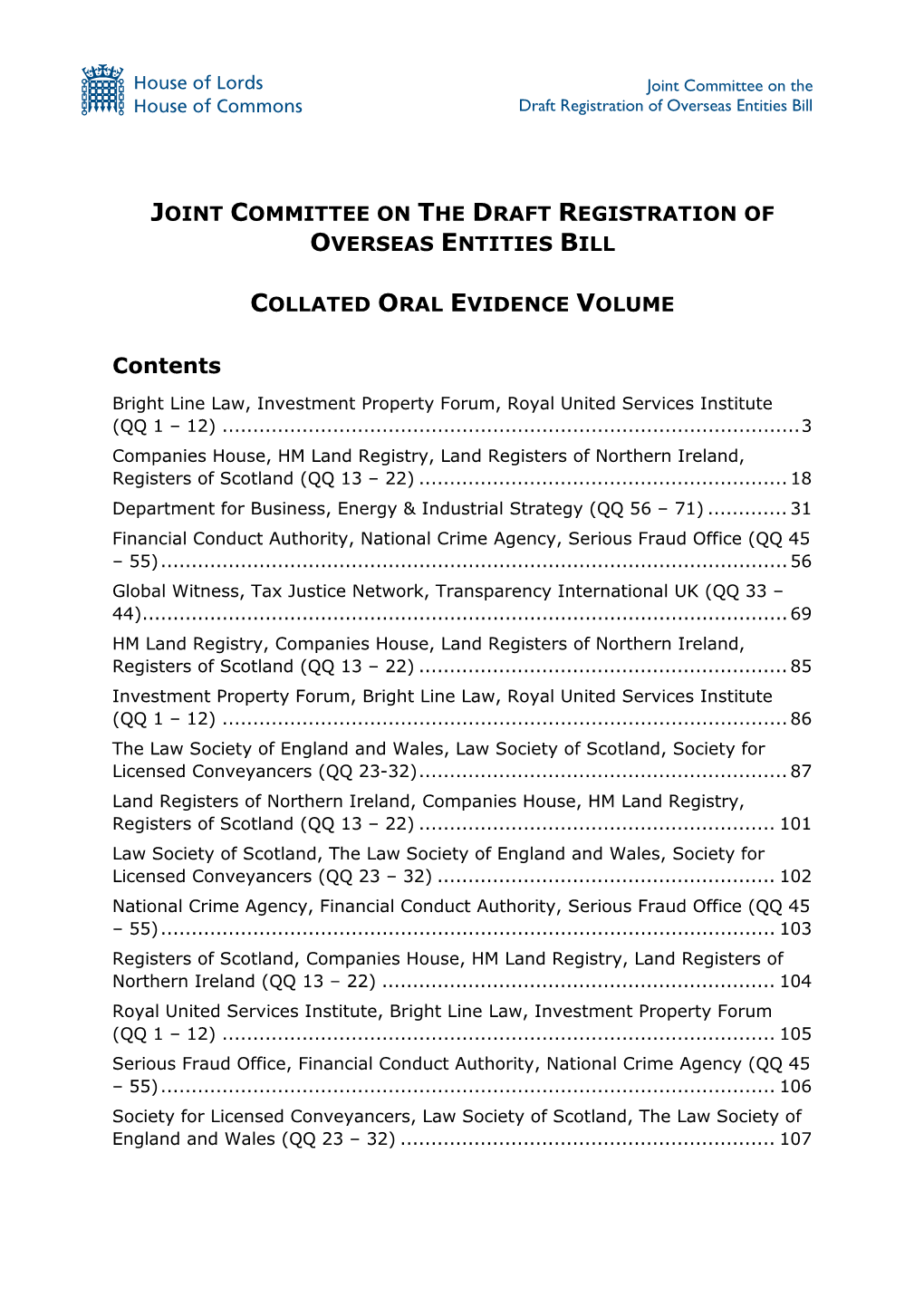 Joint Committee on the Draft Registration of Overseas Entities Bill Collated Oral Evidence Volume