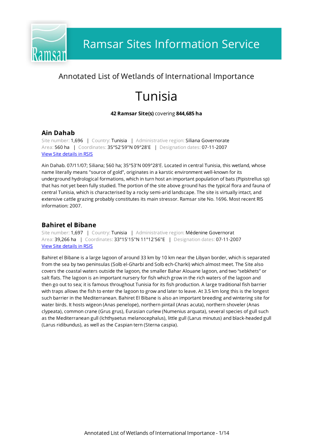 Annotated List of Wetlands of International Importance Tunisia