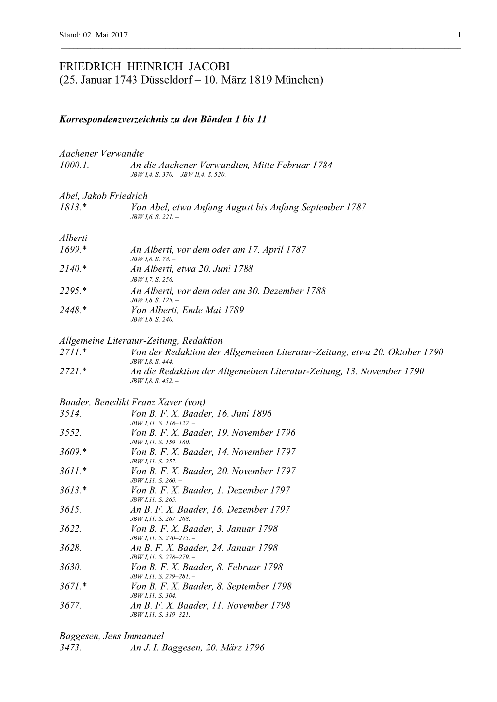 Korrespondenzverzeichnis Friedrich Heinrich Jacobi Briefwechsel Bd. 1-10