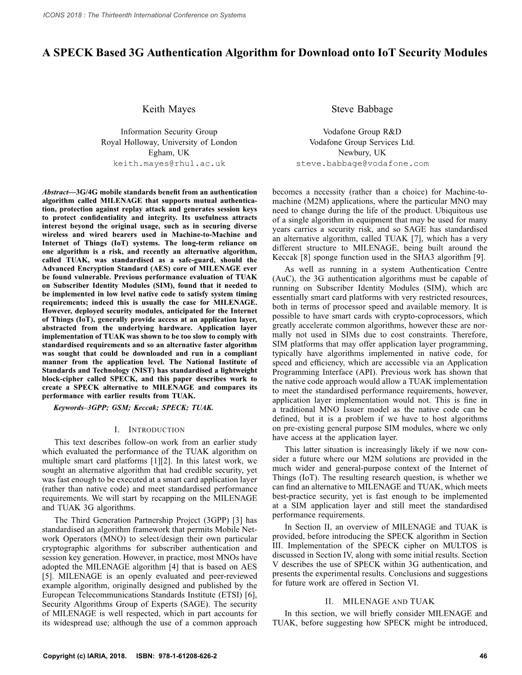 A SPECK Based 3G Authentication Algorithm for Download Onto Iot Security Modules