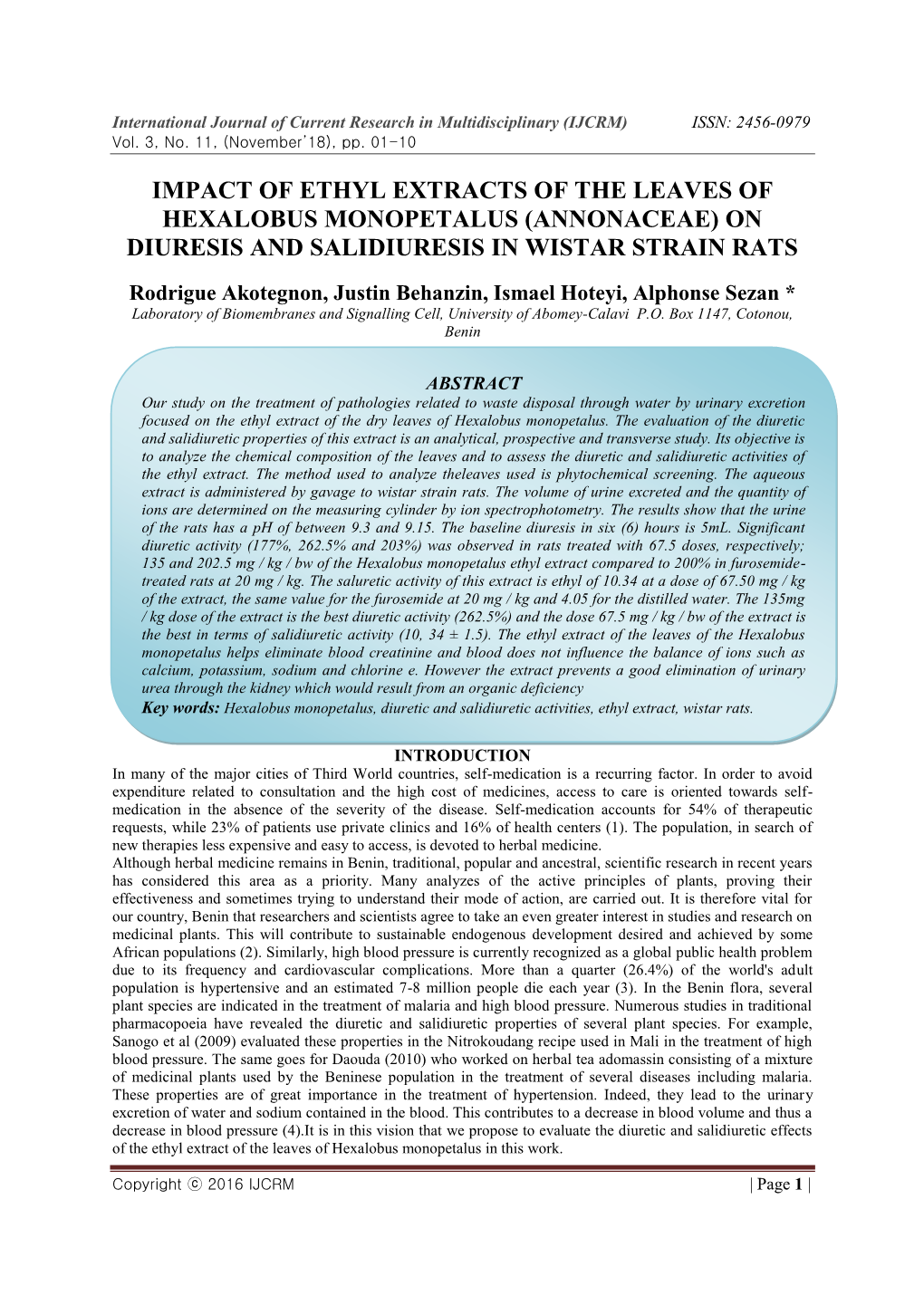 Impact of Ethyl Extracts of the Leaves of Hexalobus Monopetalus (Annonaceae) on Diuresis and Salidiuresis in Wistar Strain Rats