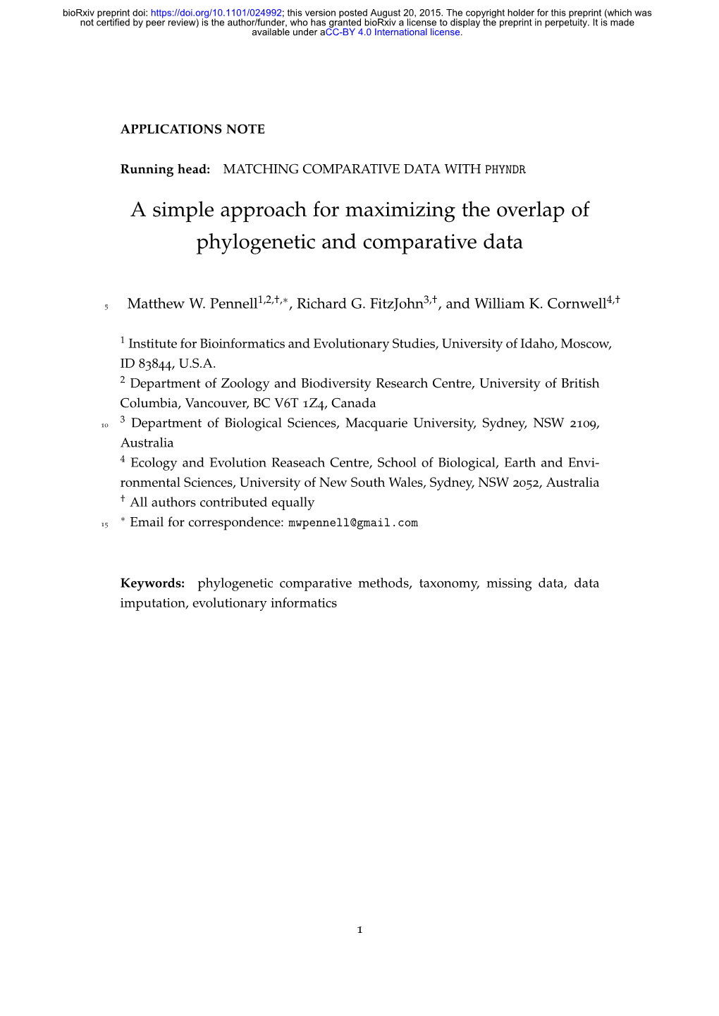 A Simple Approach for Maximizing the Overlap of Phylogenetic and Comparative Data