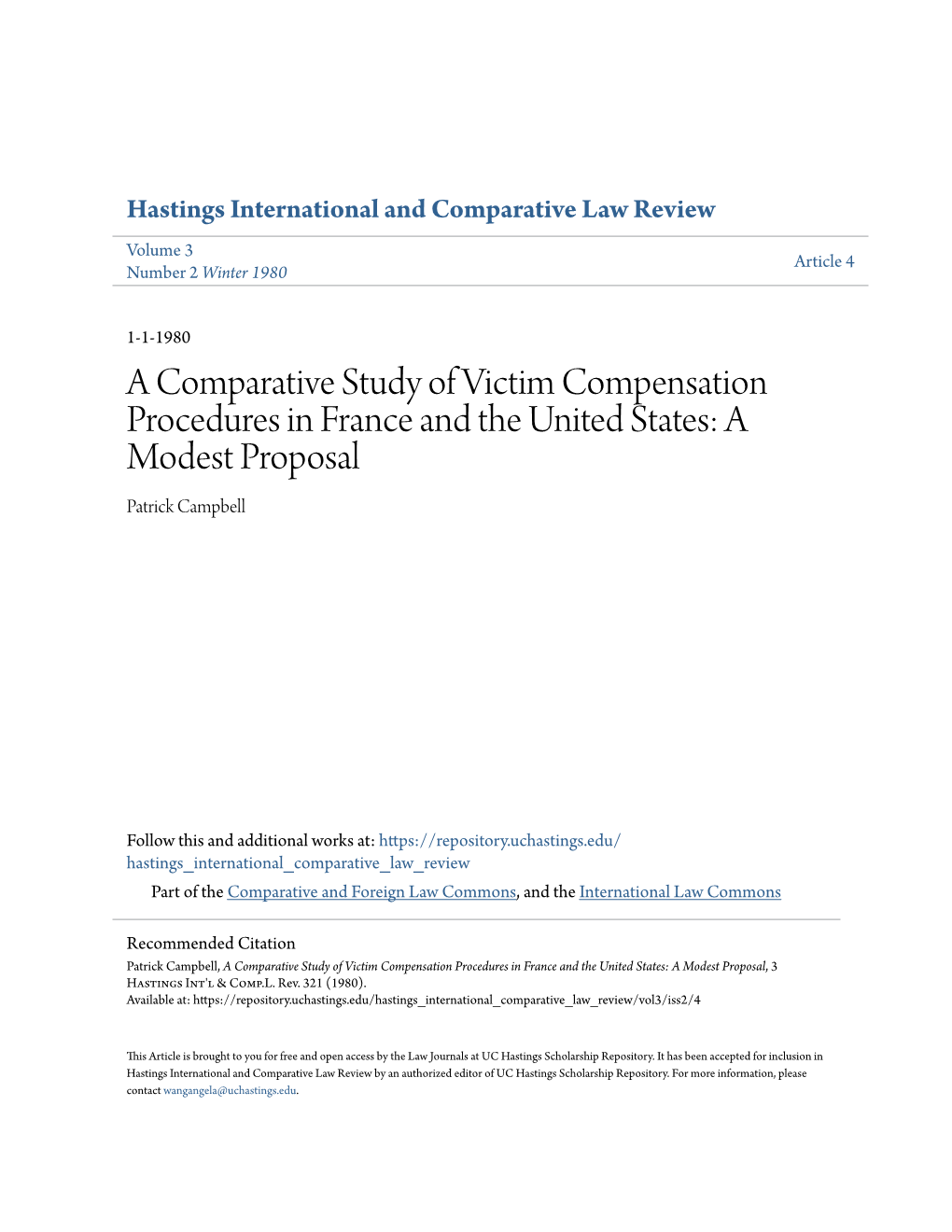 A Comparative Study of Victim Compensation Procedures in France and the United States: a Modest Proposal Patrick Campbell